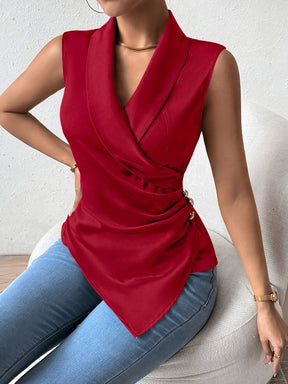 Sleeveless Turn-Collar Cinched Top