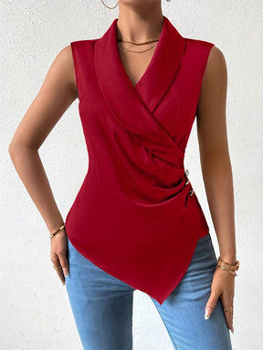 Sleeveless Turn-Collar Cinched Top