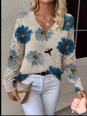 Bohemian Floral V-Neck Knit Top