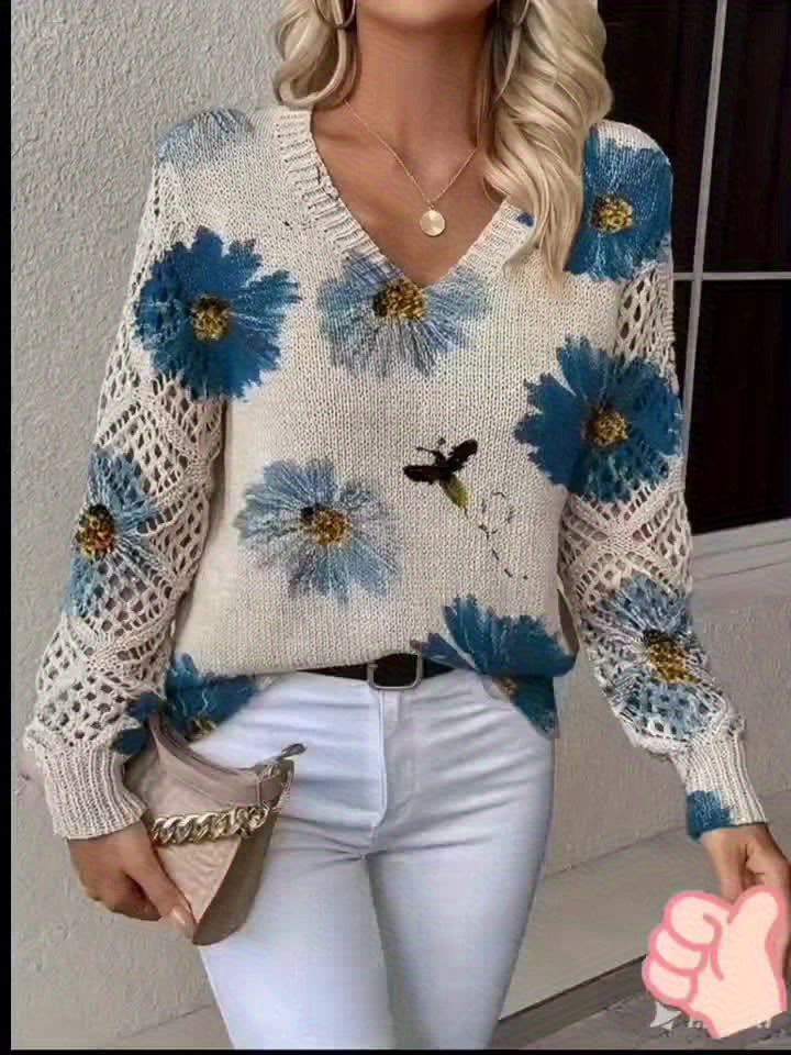 Bohemian Floral V-Neck Knit Top