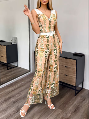 Floral Embroidered V-Neck Jumpsuit