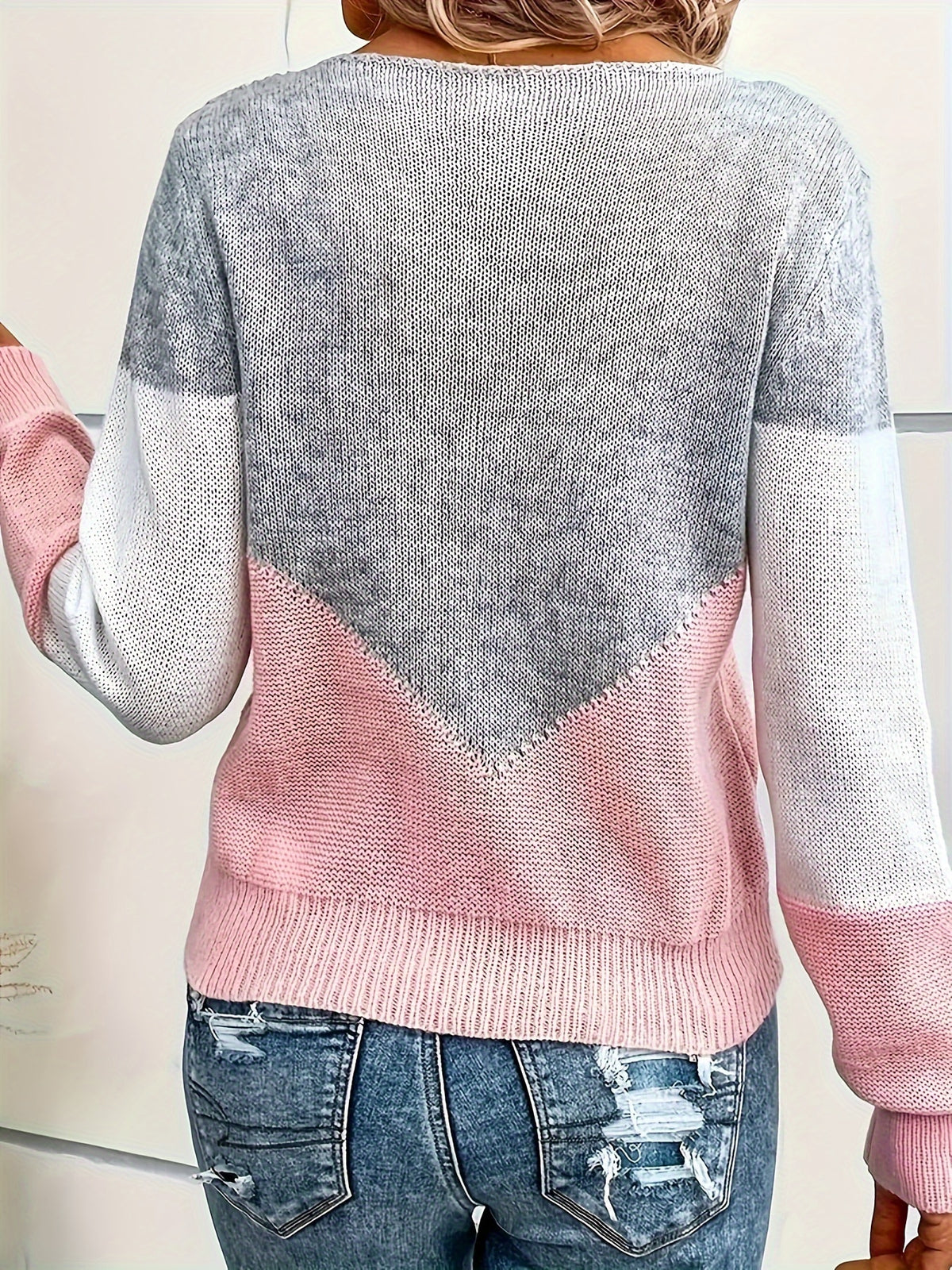 Casual V-Neck Color Block Sweater