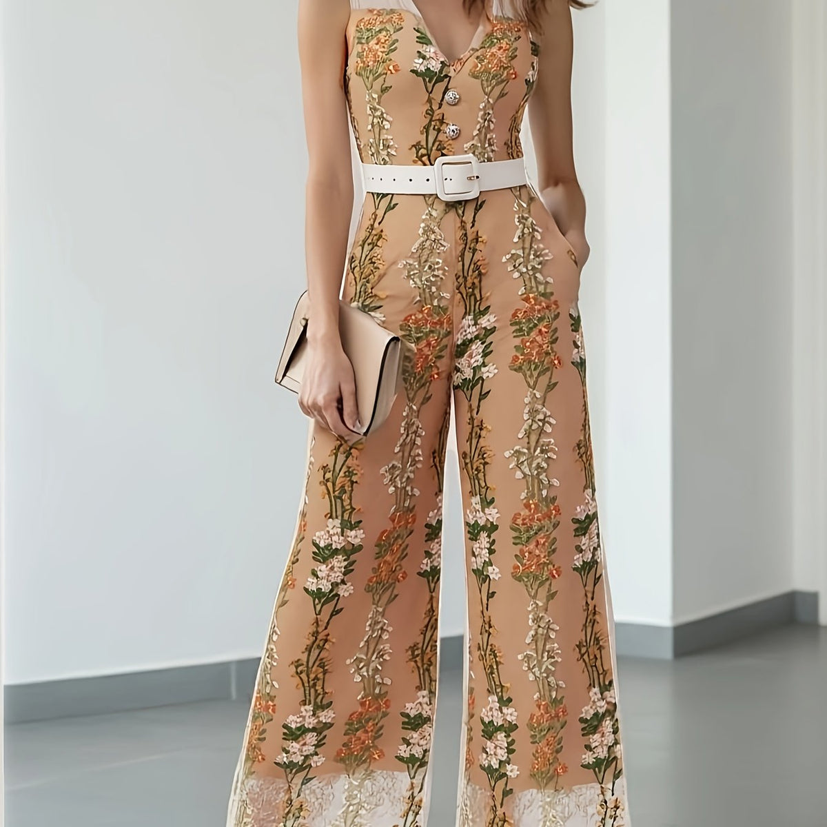 Floral Embroidered V-Neck Jumpsuit