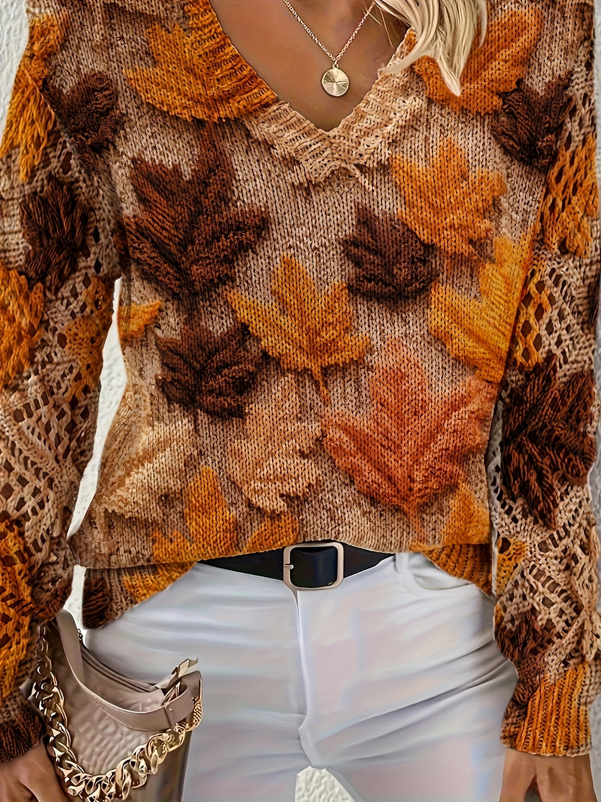 Bohemian V-Neck Maple Leaf Sweater