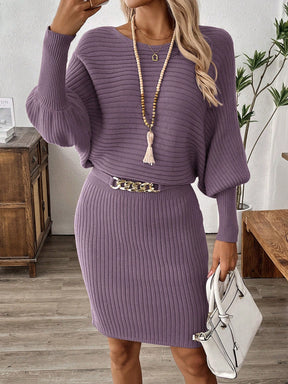 Ribbed Brown Puff Sleeve Dress