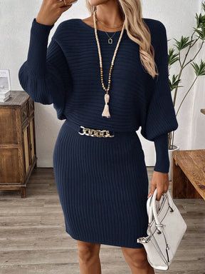Ribbed Brown Puff Sleeve Dress