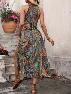 Retro Halter Neck & Slit Skirt Set