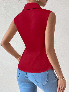 Sleeveless Turn-Collar Cinched Top
