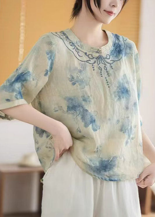 Art Blue Mandarin Collar Print Linen Top Summer