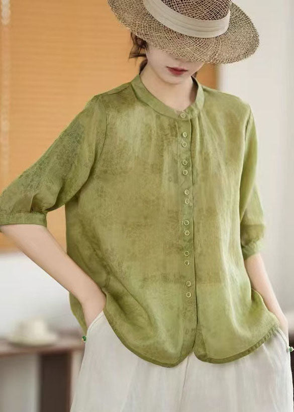 Art Green Single Breasted Print Linen Shirt Half Sleeve