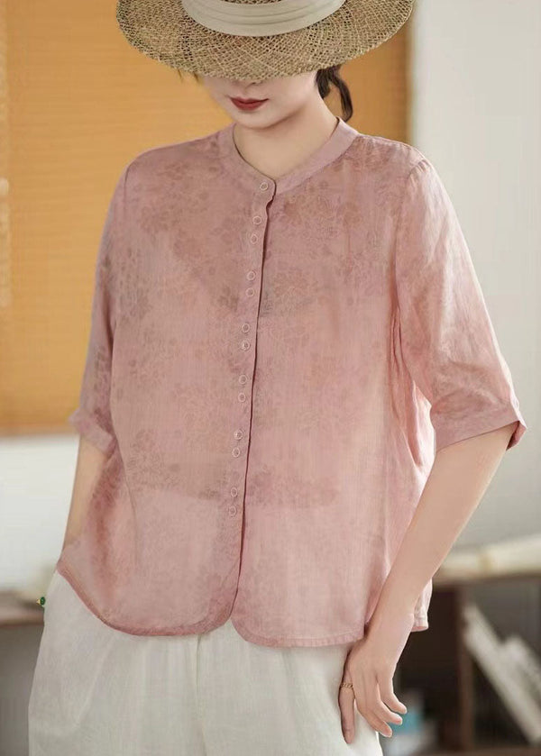 Art Green Single Breasted Print Linen Shirt Half Sleeve