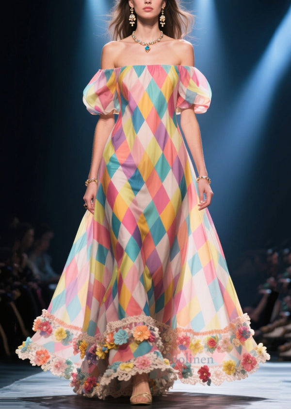 Art Multicolour Plaid Flower Decorated Silk Strapless Dress Puff Sleeve