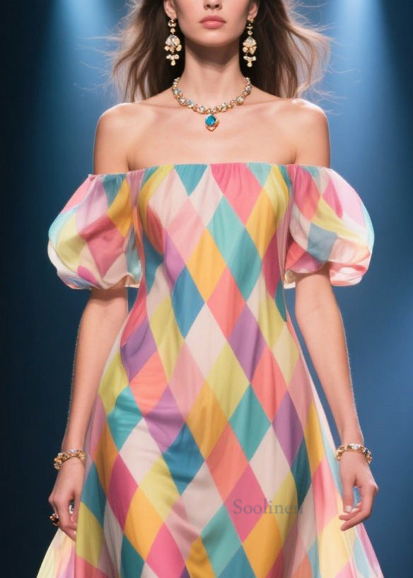 Art Multicolour Plaid Flower Decorated Silk Strapless Dress Puff Sleeve
