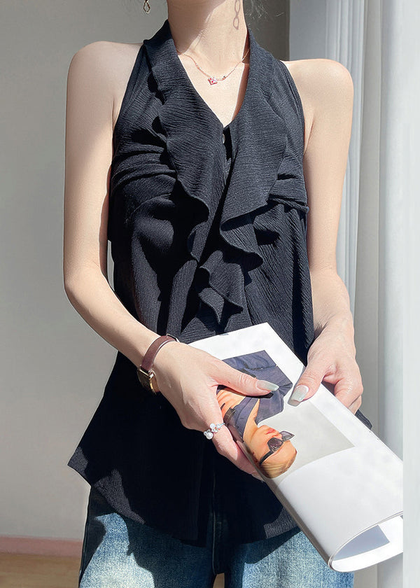 Black Backless Button Cotton Blouses Ruffled Summer