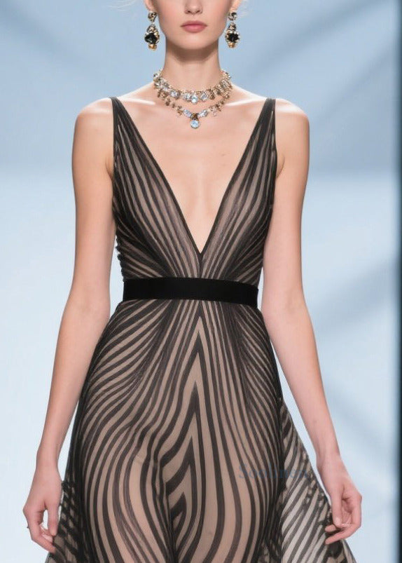 Black Striped Chiffon Dinner Dresses V Neck Exra Large Hem Summer