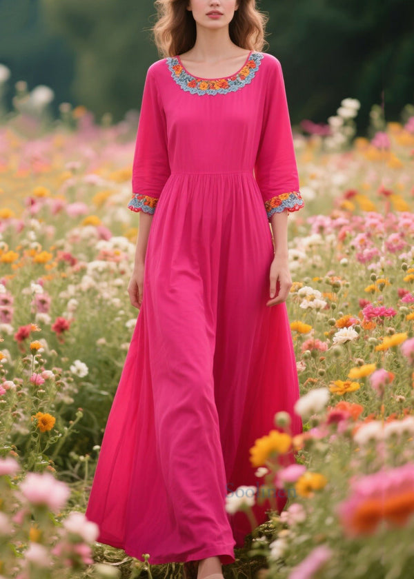 Boho Rose O-Neck Patchwork Lace Cotton Dresses Half Sleeve