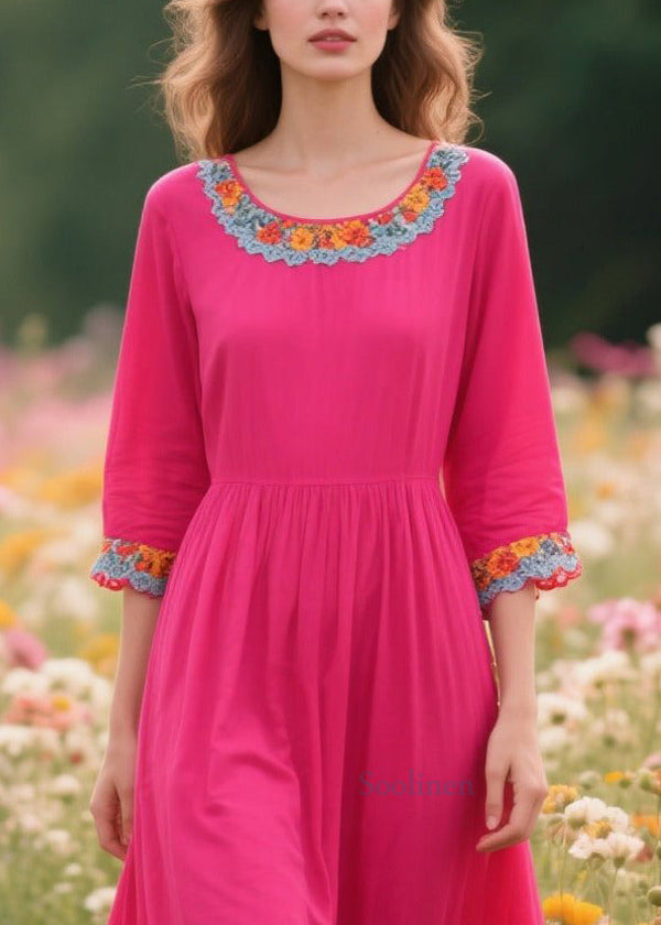 Boho Rose O-Neck Patchwork Lace Cotton Dresses Half Sleeve