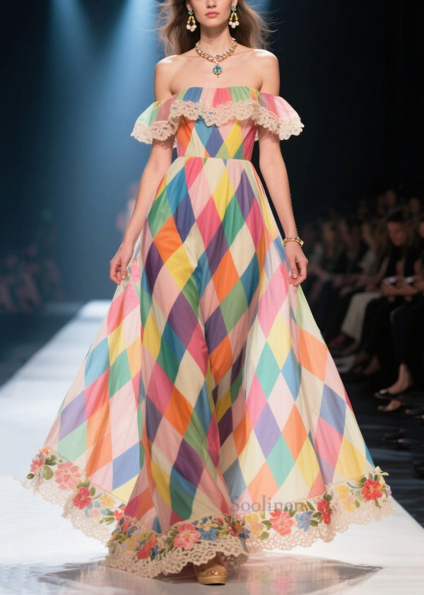 Casual Multicolour Plaid Exra Large Hem Chiffon Strapless Dress Summer
