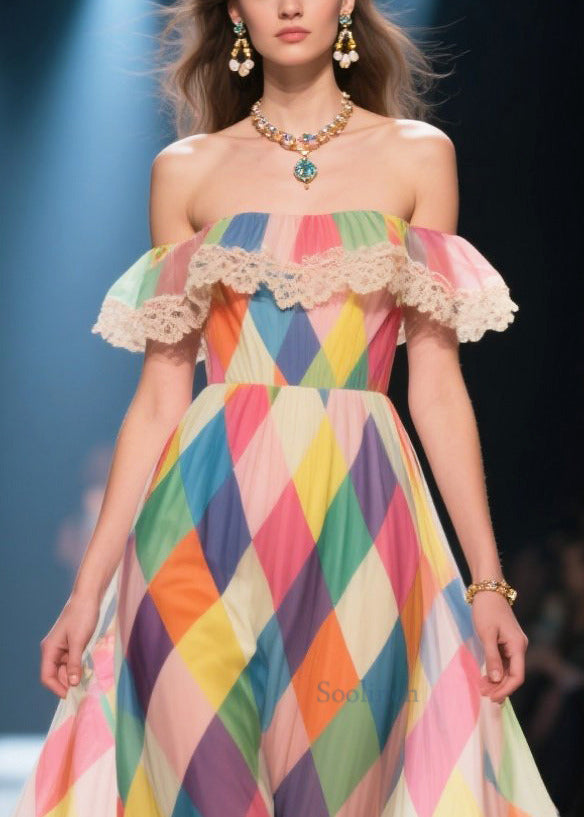 Casual Multicolour Plaid Exra Large Hem Chiffon Strapless Dress Summer
