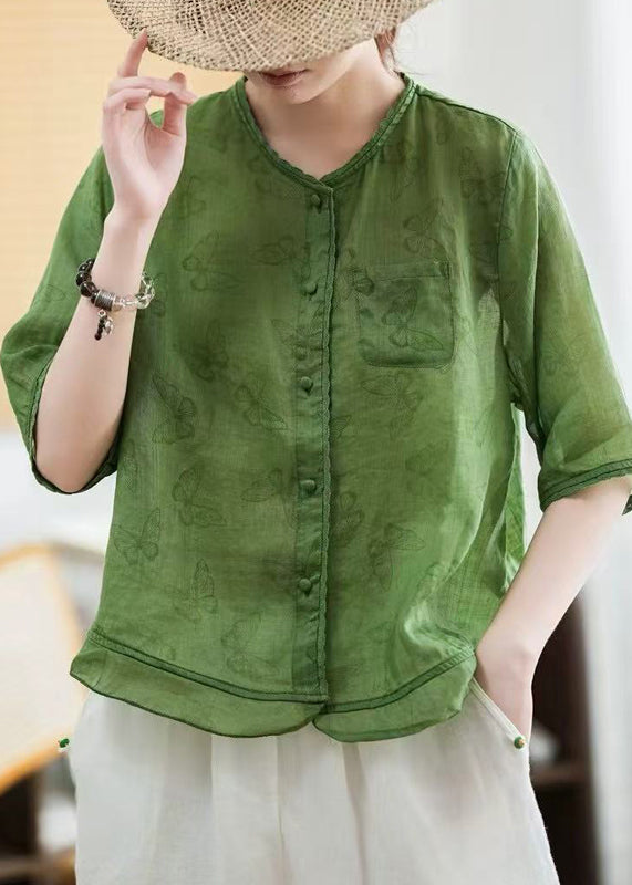 Elegant Green Butterfly Print Patchwork Linen Blouse Tops Half Sleeve