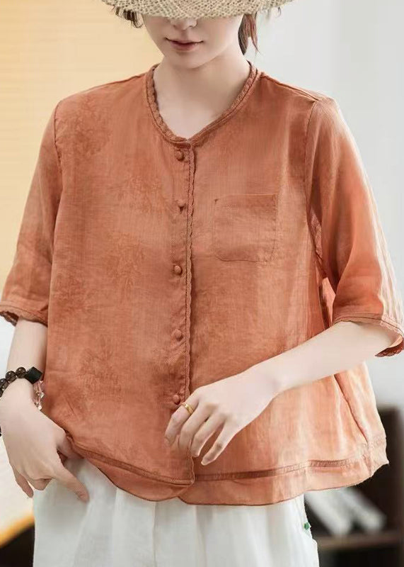 Elegant Green Butterfly Print Patchwork Linen Blouse Tops Half Sleeve