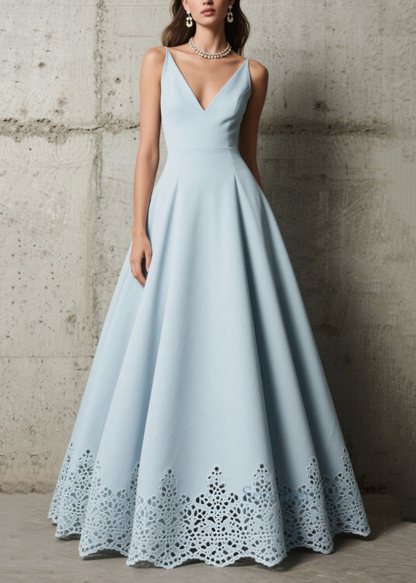 Elegant Sky Blue Exra Large Hem Hollow Out Spandex Party Dress Summer