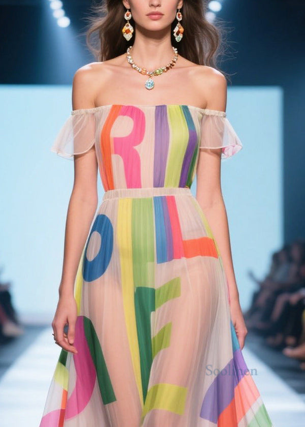 Fitted Apricot Cold Shoulder Print Chiffon Beach Dress Summer