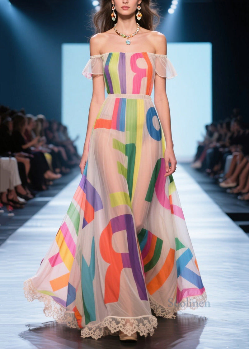 Fitted Apricot Cold Shoulder Print Chiffon Beach Dress Summer