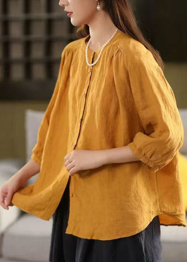 Handmade Yellow Oversized Linen Blouses Bracelet Sleeve