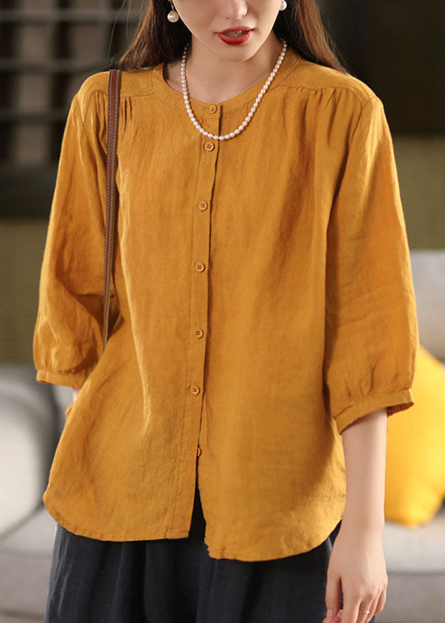 Handmade Yellow Oversized Linen Blouses Bracelet Sleeve