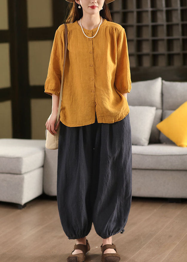 Handmade Yellow Oversized Linen Blouses Bracelet Sleeve