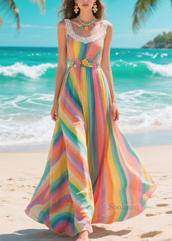 Italian Rainbow Patchwork Lace Chiffon Cami Dresses Summer