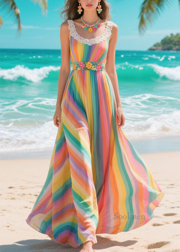 Italian Rainbow Patchwork Lace Chiffon Cami Dresses Summer