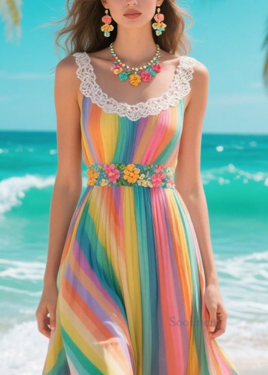 Italian Rainbow Patchwork Lace Chiffon Cami Dresses Summer