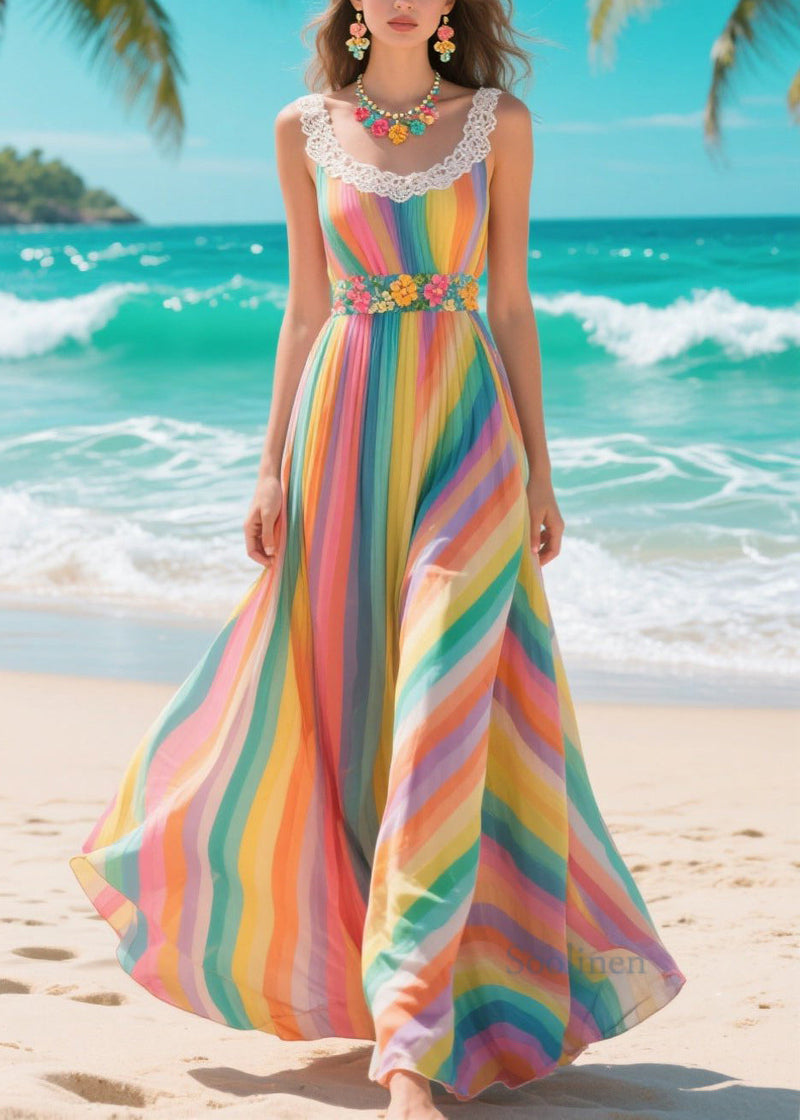 Italian Rainbow Patchwork Lace Chiffon Cami Dresses Summer