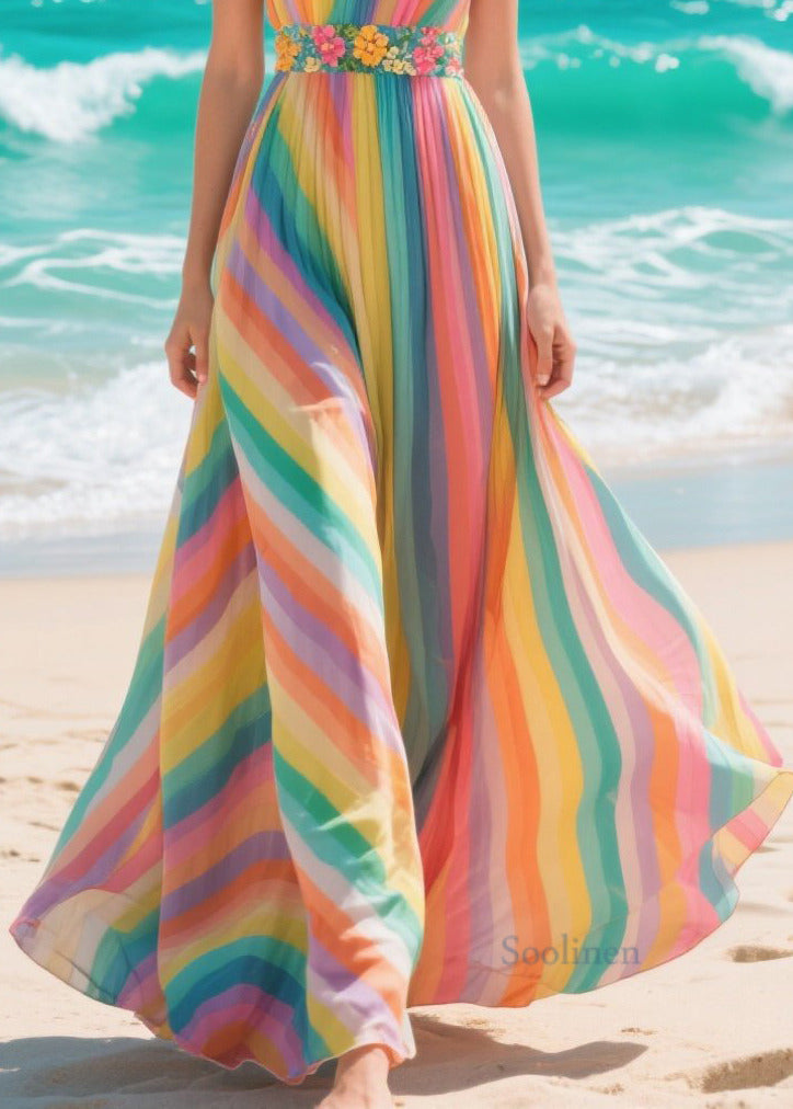 Italian Rainbow Patchwork Lace Chiffon Cami Dresses Summer