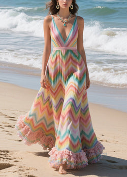 Italian Rainbow Ruffled Striped Chiffon Beach Dresses Summer
