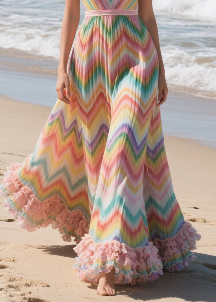 Italian Rainbow Ruffled Striped Chiffon Beach Dresses Summer