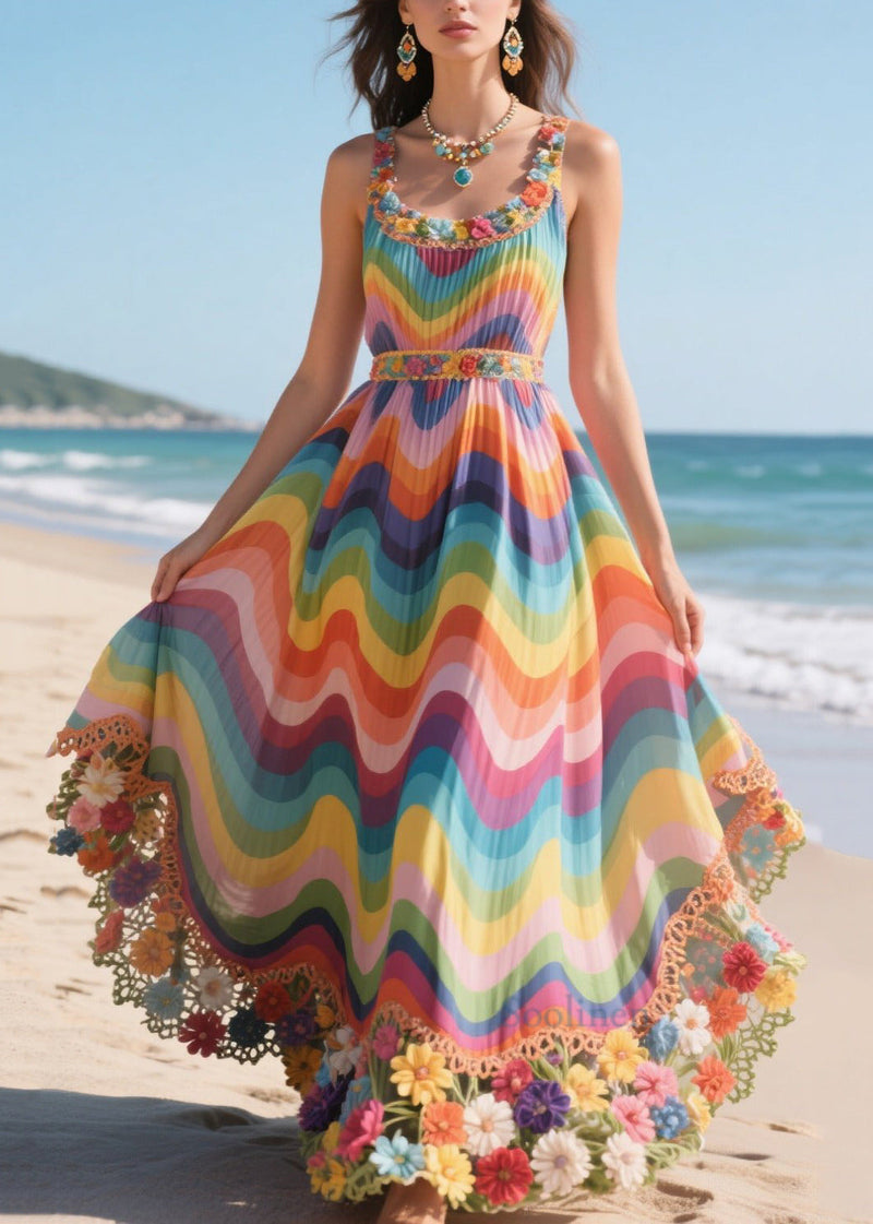 Original Design Rainbow Patchwork Flower Decorated Beach Dress Summer