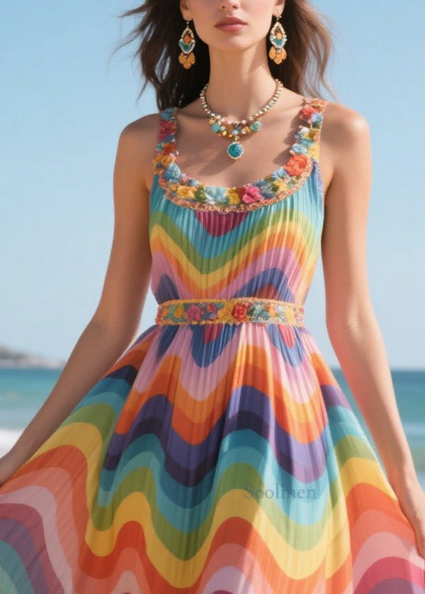 Original Design Rainbow Patchwork Flower Decorated Beach Dress Summer