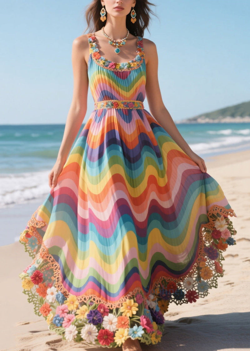 Original Design Rainbow Patchwork Flower Decorated Beach Dress Summer