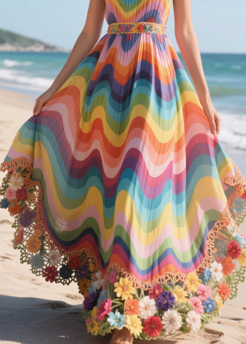 Original Design Rainbow Patchwork Flower Decorated Beach Dress Summer