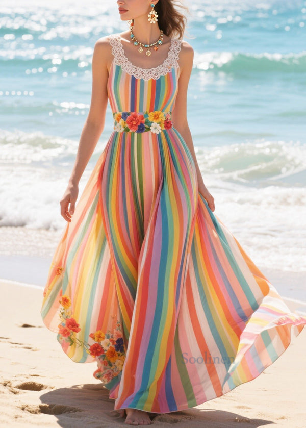 Plus Size Rainbow Striped Exra Large Hem Chiffon Beach Dresses Summer
