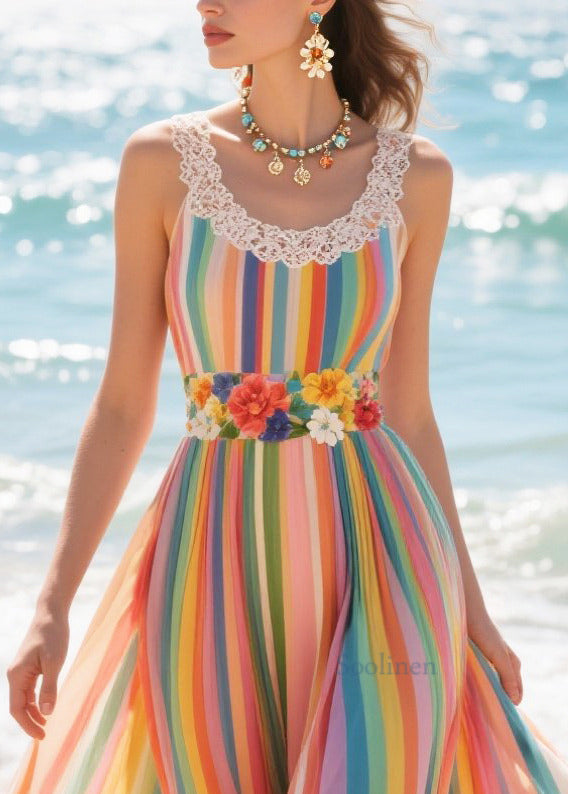 Plus Size Rainbow Striped Exra Large Hem Chiffon Beach Dresses Summer