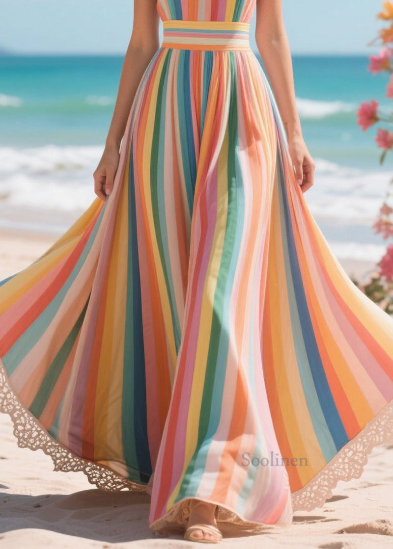 Rainbow Striped Chiffon Beach Sundresses Exra Large Hem Summer
