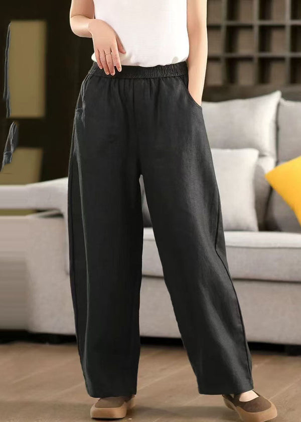 Simple Black Elastic Waist Oversized Linen Pants Trousers Summer