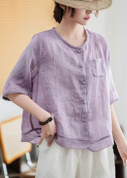 Style Purple Oversized Patchwork Linen Blouse Tops Half Sleeve