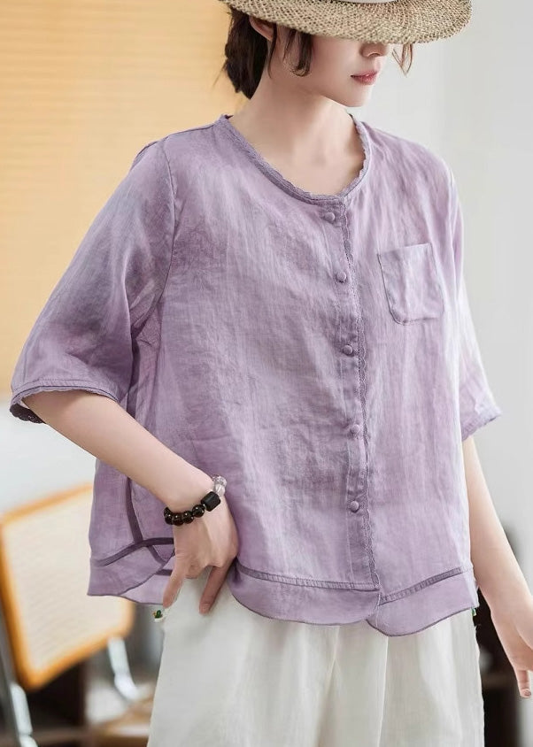 Style Purple Oversized Patchwork Linen Blouse Tops Half Sleeve