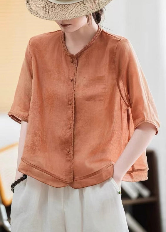 Style Purple Oversized Patchwork Linen Blouse Tops Half Sleeve