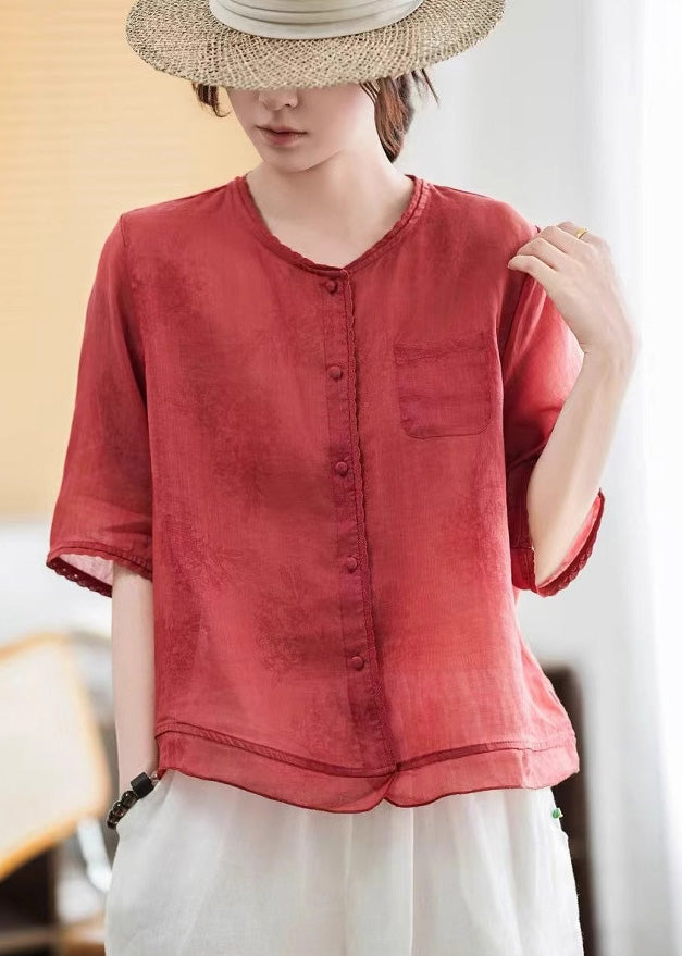 Style Purple Oversized Patchwork Linen Blouse Tops Half Sleeve